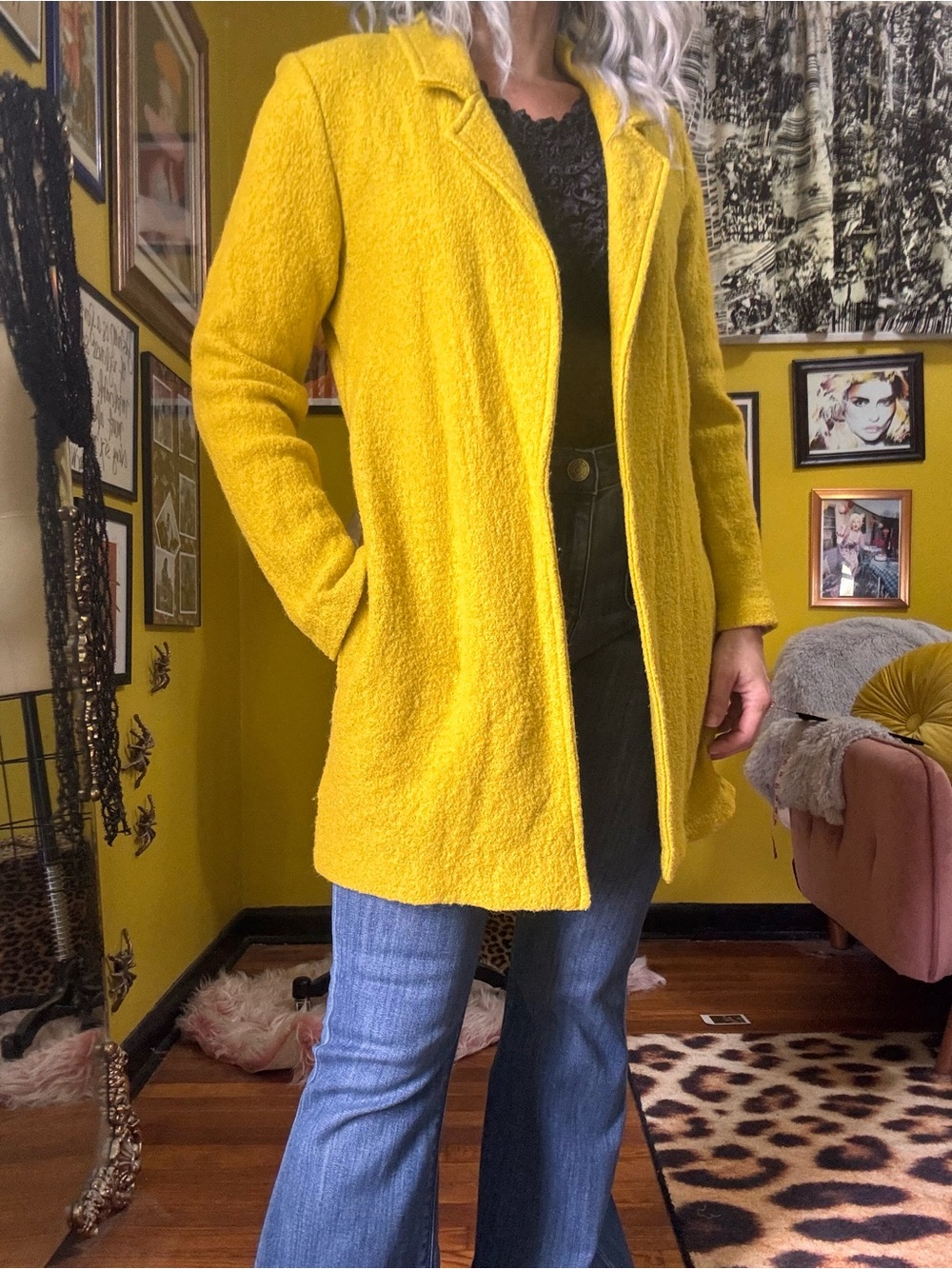 Rachel Zoe Mustard Yellow Textured Trench Coat Blazer Jacket XS